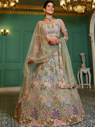 Lime Green Multi-Color Sequin Embroidered Net Lehenga Choli Dupatta Set ClothsVilla
