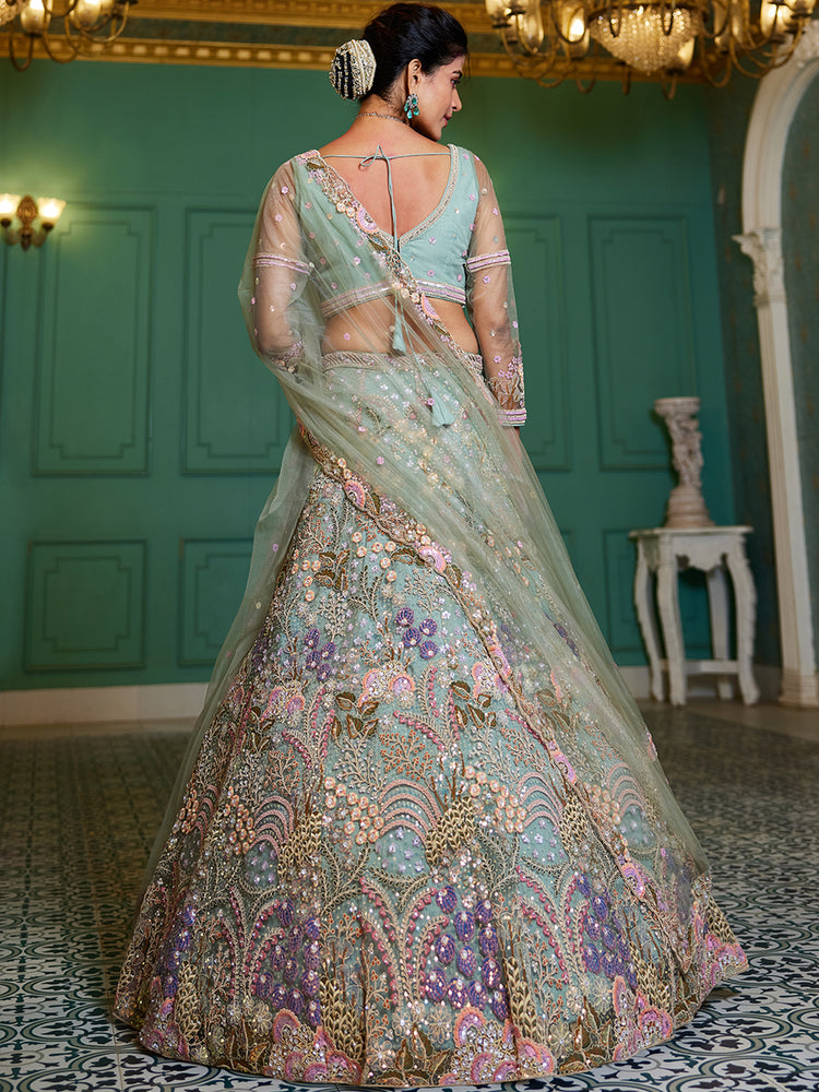 Lime Green Multi-Color Sequin Embroidered Net Lehenga Choli Dupatta Set ClothsVilla