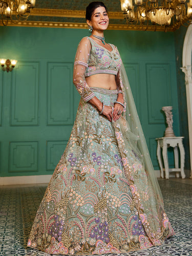 Lime Green Multi-Color Sequin Embroidered Net Lehenga Choli Dupatta Set ClothsVilla