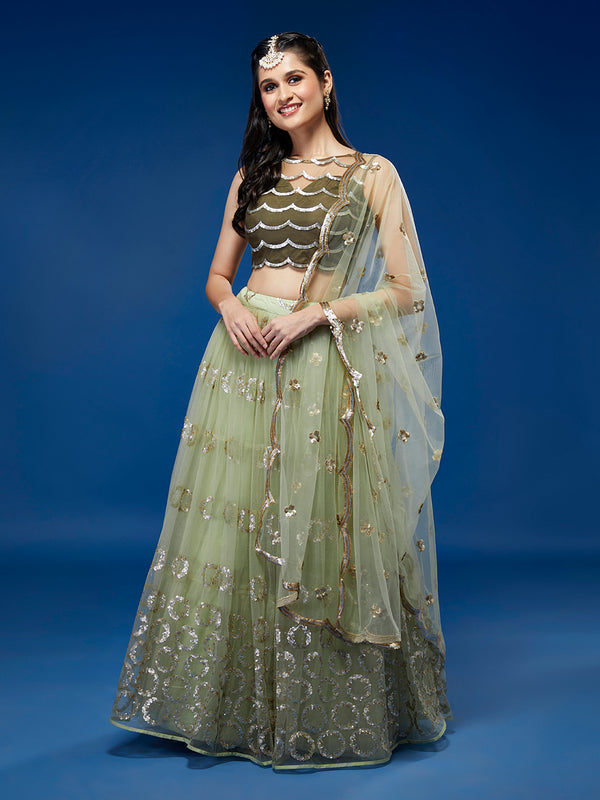 Lime Green Net Embroideried Round Sequins Semi-Stitched Lehenga Clothsvilla