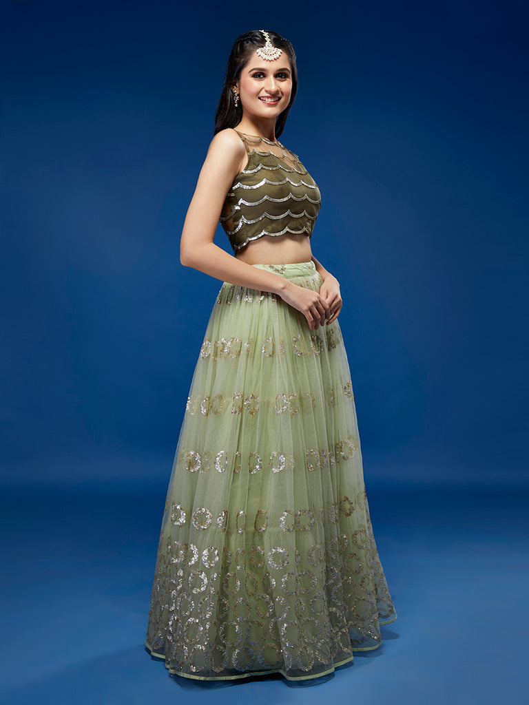 Lime Green Net Embroideried Round Sequins Semi-Stitched Lehenga Clothsvilla