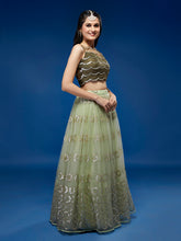 Load image into Gallery viewer, Lime Green Net Embroideried Round Sequins Semi-Stitched Lehenga Clothsvilla