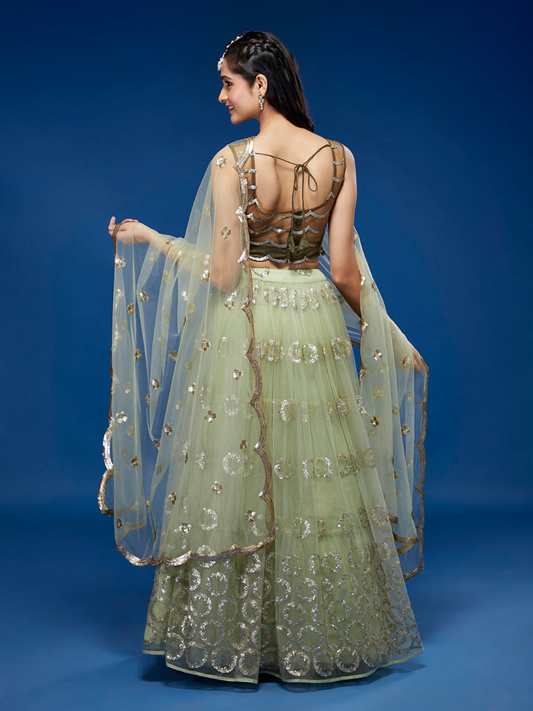 Lime Green Net Embroideried Round Sequins Semi-Stitched Lehenga Clothsvilla