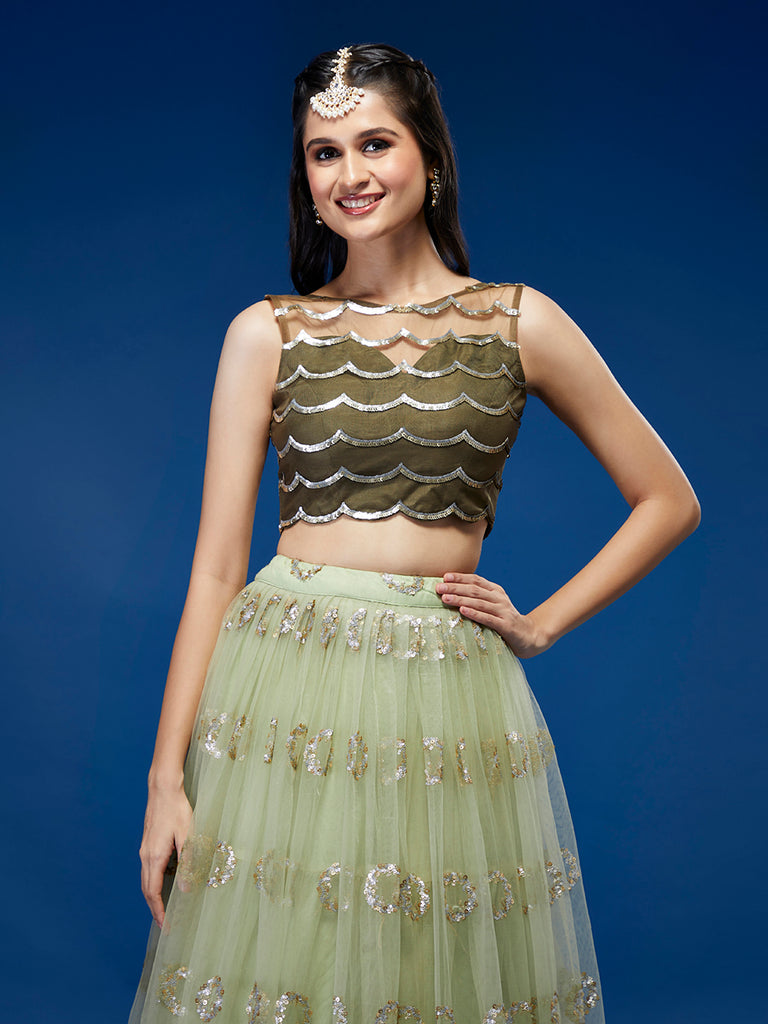 Lime Green Net Embroideried Round Sequins Semi-Stitched Lehenga Clothsvilla