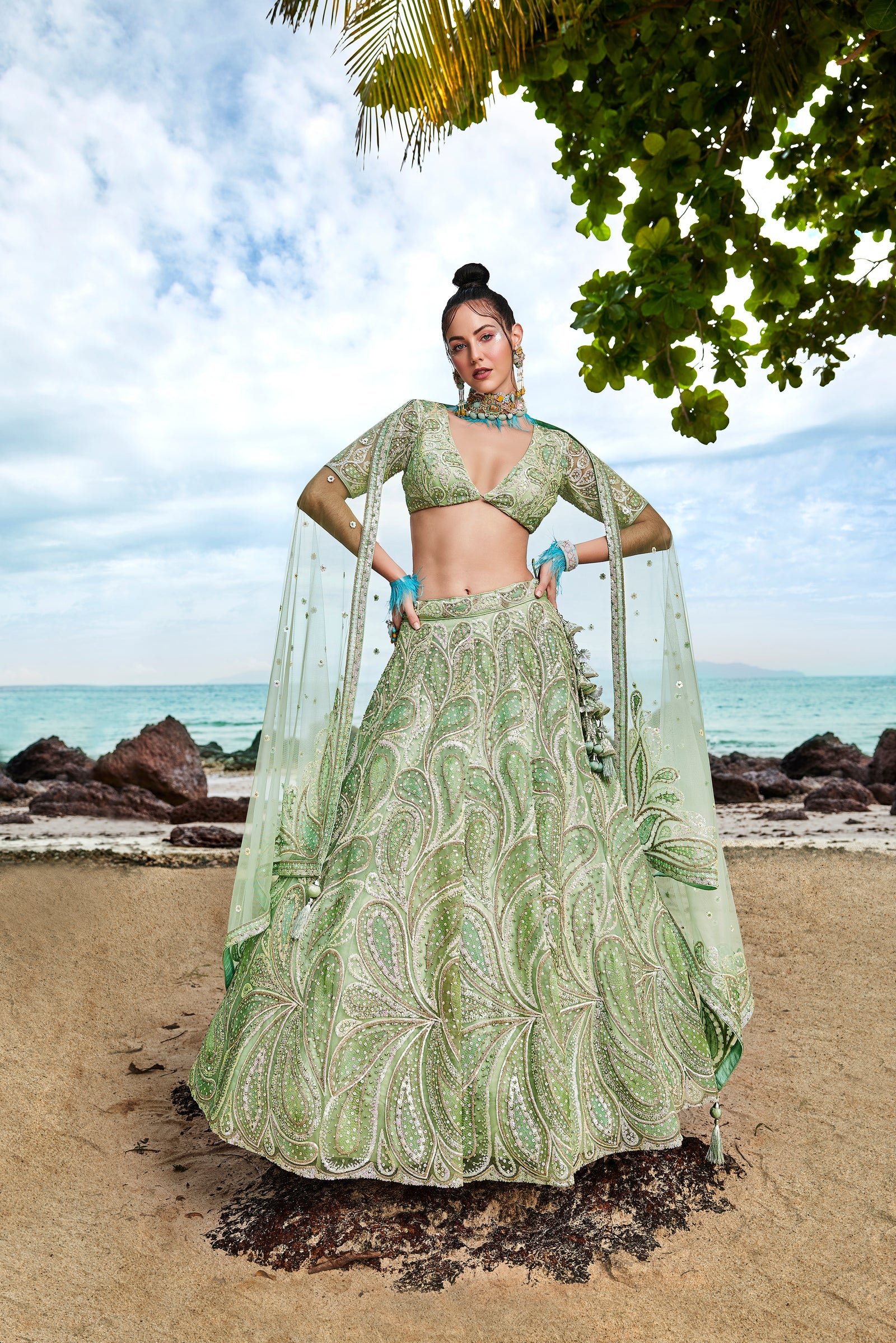 Lime green Net Multi Sequins with heavy Zarkan embroidery Semi-Stitched Lehenga choli & Dupatta ClothsVilla