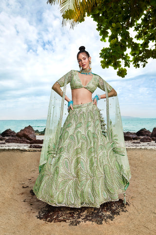 Lime green Net Multi Sequins with heavy Zarkan embroidery Semi-Stitched Lehenga choli & Dupatta ClothsVilla