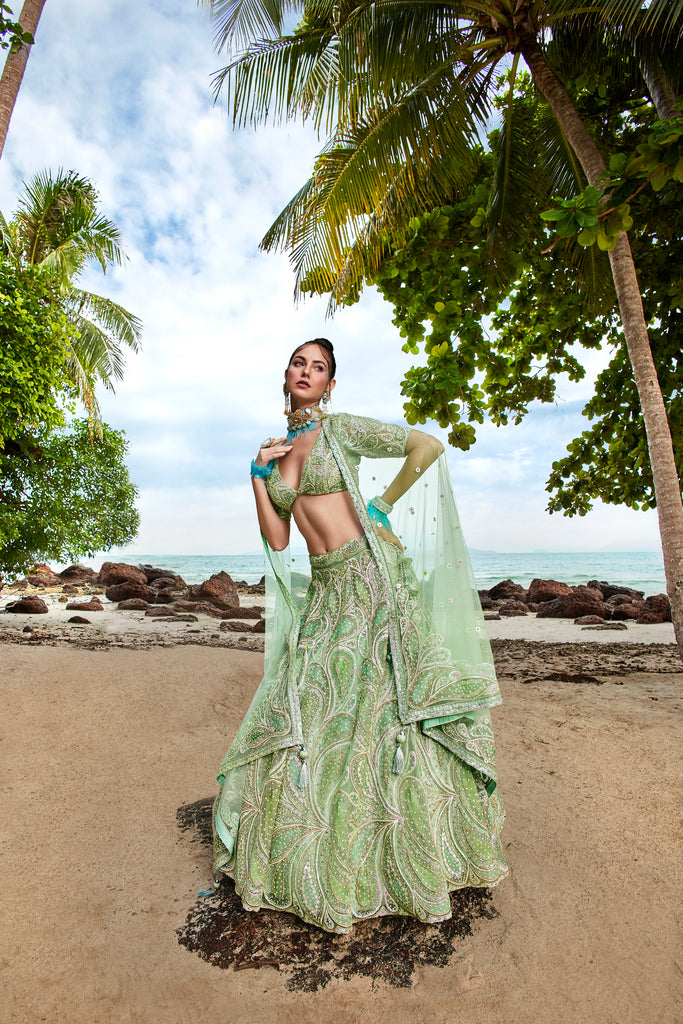 Lime green Net Multi Sequins with heavy Zarkan embroidery Semi-Stitched Lehenga choli & Dupatta ClothsVilla