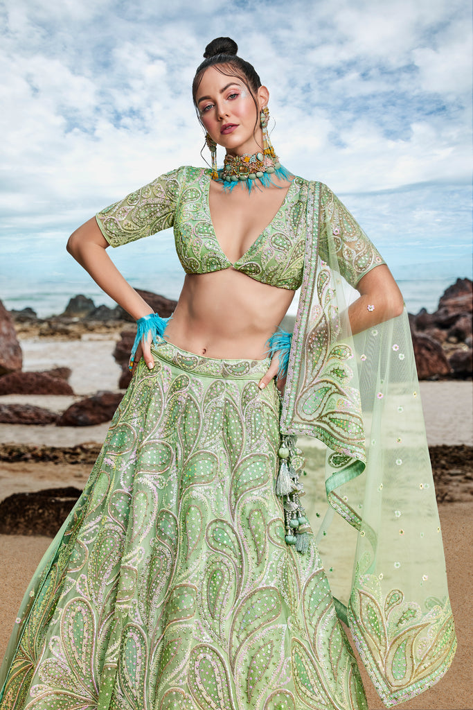 Lime green Net Multi Sequins with heavy Zarkan embroidery Semi-Stitched Lehenga choli & Dupatta ClothsVilla