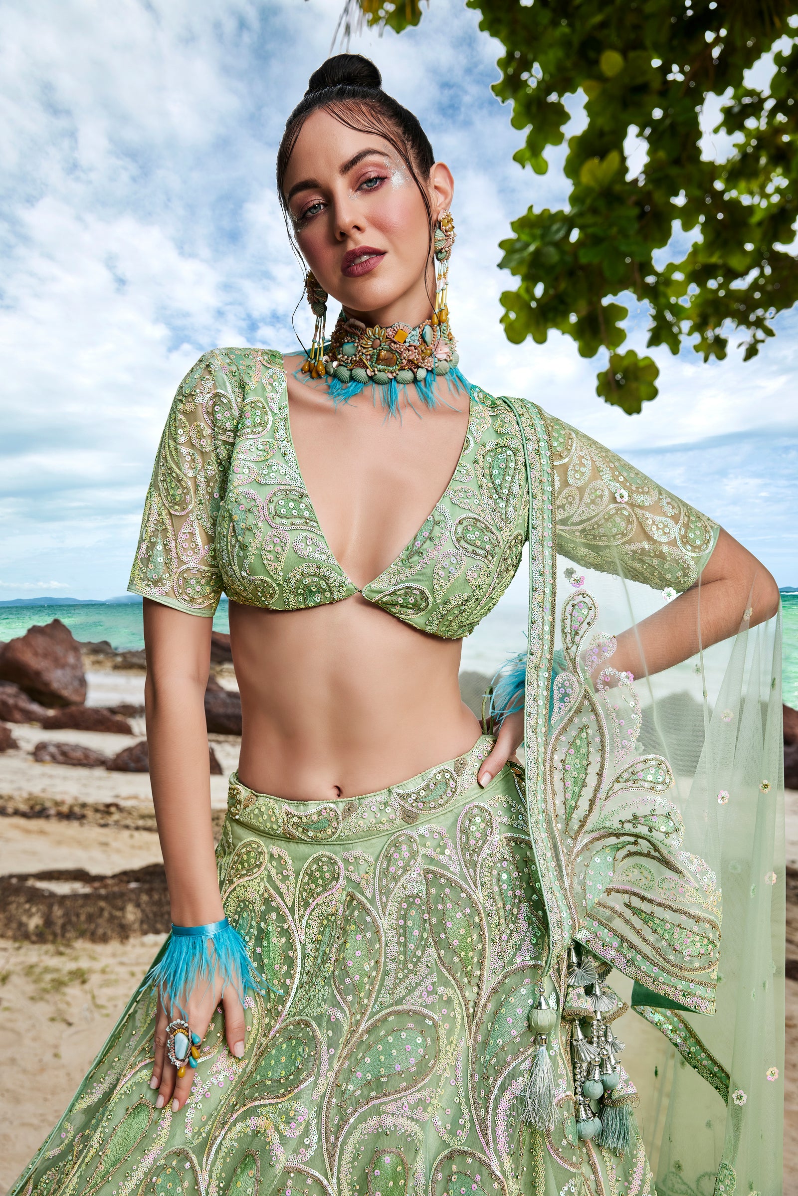 Lime green Net Multi Sequins with heavy Zarkan embroidery Semi-Stitched Lehenga choli & Dupatta ClothsVilla