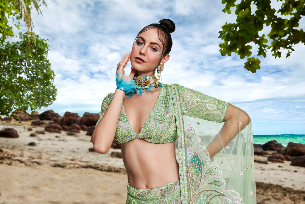 Lime green Net Multi Sequins with heavy Zarkan embroidery Semi-Stitched Lehenga choli & Dupatta ClothsVilla