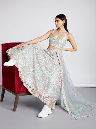 Lime Green Net Sequins and thread embroidery Semi-Stitched Lehenga choli & Dupatta ClothsVilla