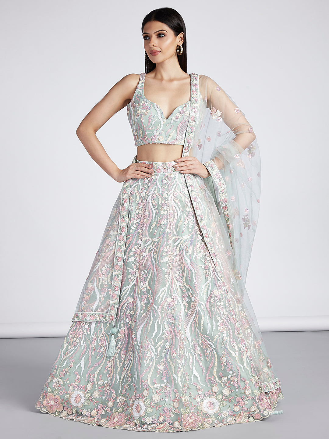 Lime Green Net Sequins and thread embroidery Semi-Stitched Lehenga choli & Dupatta ClothsVilla
