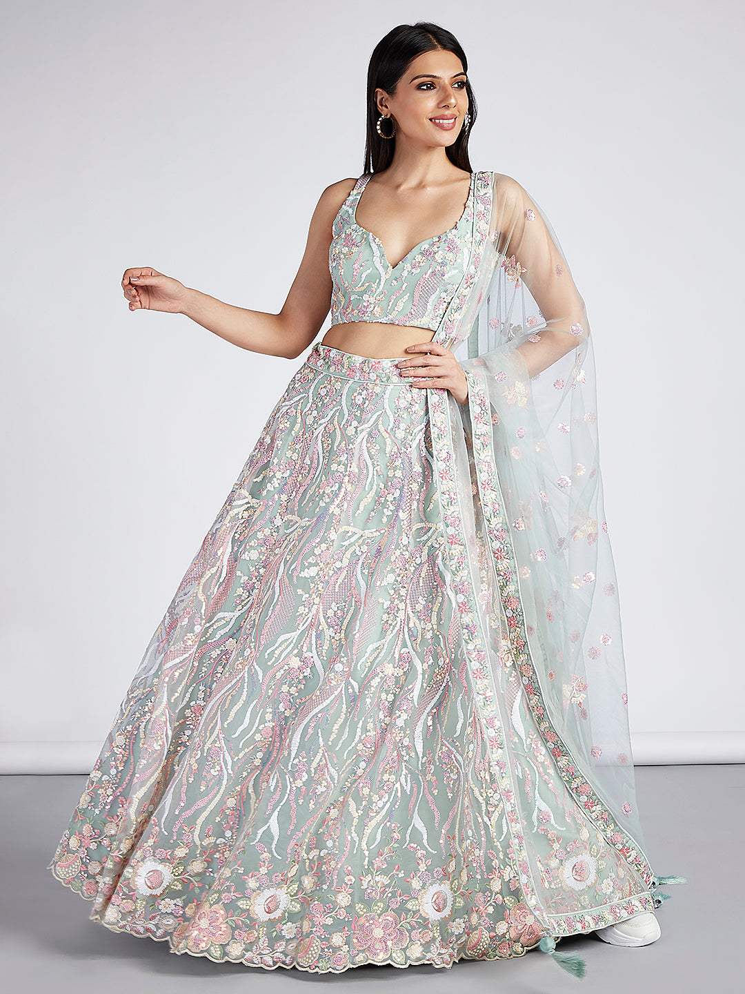 Lime Green Net Sequins and thread embroidery Semi-Stitched Lehenga choli & Dupatta ClothsVilla