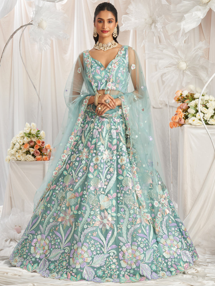 Lime Green Net Sequins embroidery Semi-Stitched Lehenga choli & Dupatta ClothsVilla