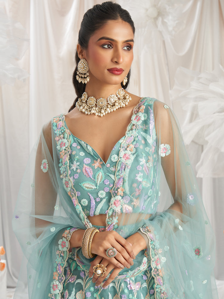 Lime Green Net Sequins embroidery Semi-Stitched Lehenga choli & Dupatta ClothsVilla