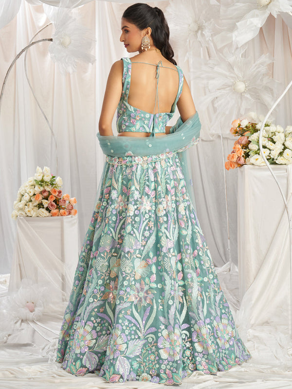 Lime Green Net Sequins embroidery Semi-Stitched Lehenga choli & Dupatta ClothsVilla