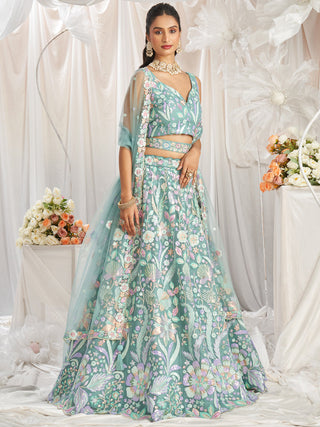 Lime Green Net Sequins embroidery Semi-Stitched Lehenga choli & Dupatta ClothsVilla