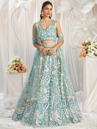 Lime Green Net Sequins embroidery Semi-Stitched Lehenga choli & Dupatta ClothsVilla