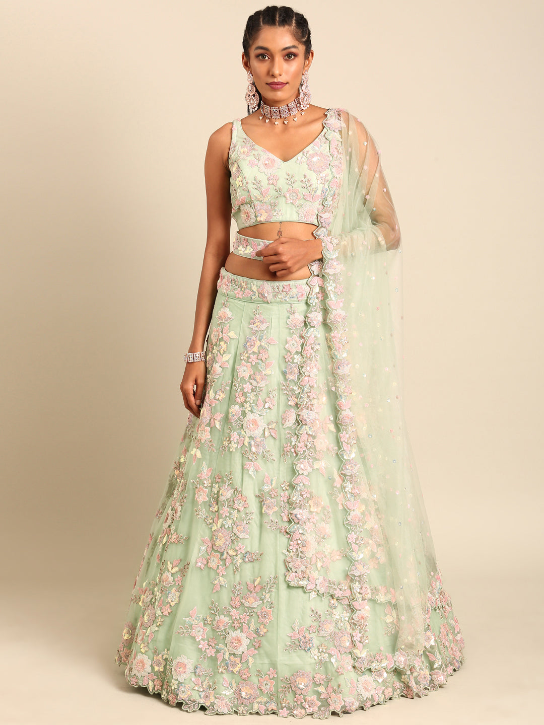 Lime Green Net Sequins with heavy Zarkan embroidery Semi-Stitched Lehenga choli & Dupatta Clothsvilla
