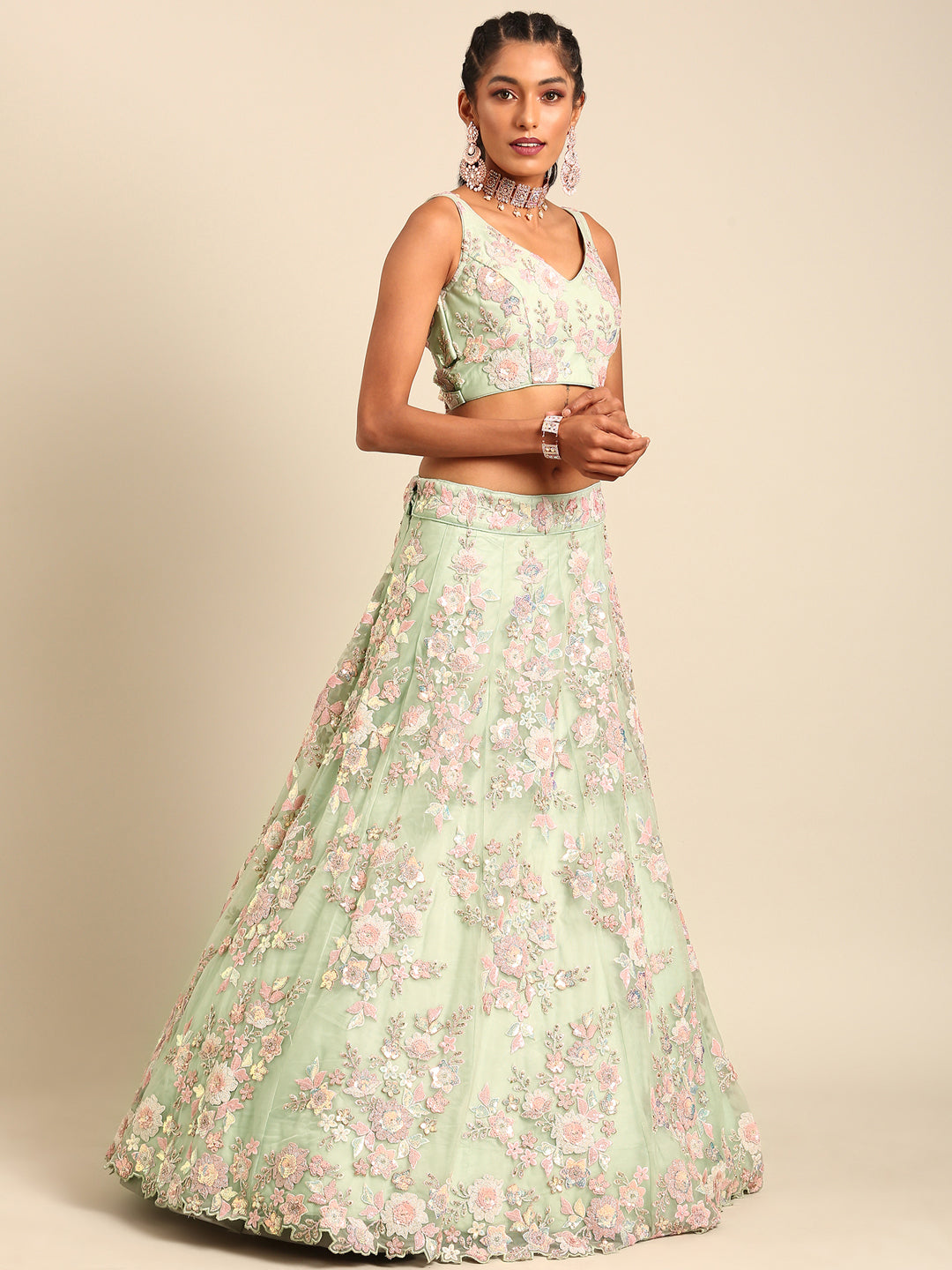 Lime Green Net Sequins with heavy Zarkan embroidery Semi-Stitched Lehenga choli & Dupatta Clothsvilla