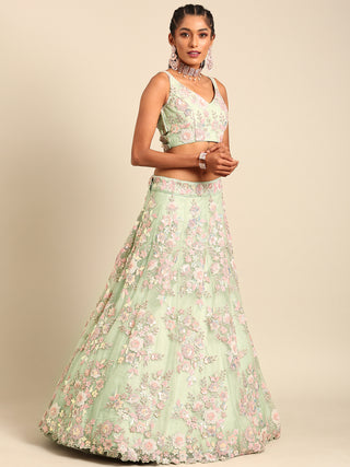 Lime Green Net Sequins with heavy Zarkan embroidery Semi-Stitched Lehenga choli & Dupatta Clothsvilla