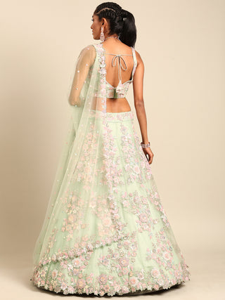 Lime Green Net Sequins with heavy Zarkan embroidery Semi-Stitched Lehenga choli & Dupatta Clothsvilla