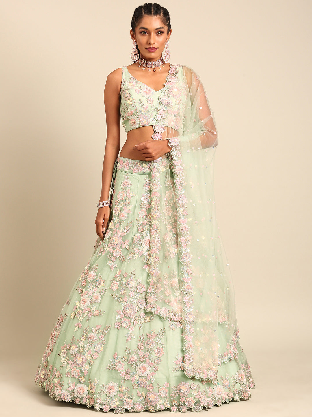 Lime Green Net Sequins with heavy Zarkan embroidery Semi-Stitched Lehenga choli & Dupatta Clothsvilla