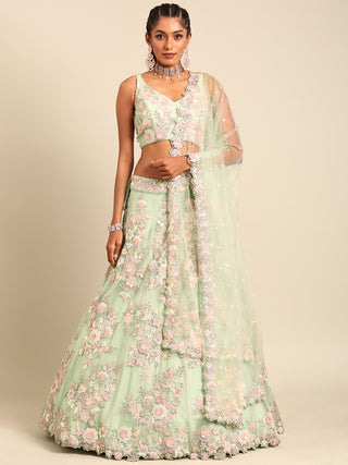 Lime Green Net Sequins with heavy Zarkan embroidery Semi-Stitched Lehenga choli & Dupatta Clothsvilla