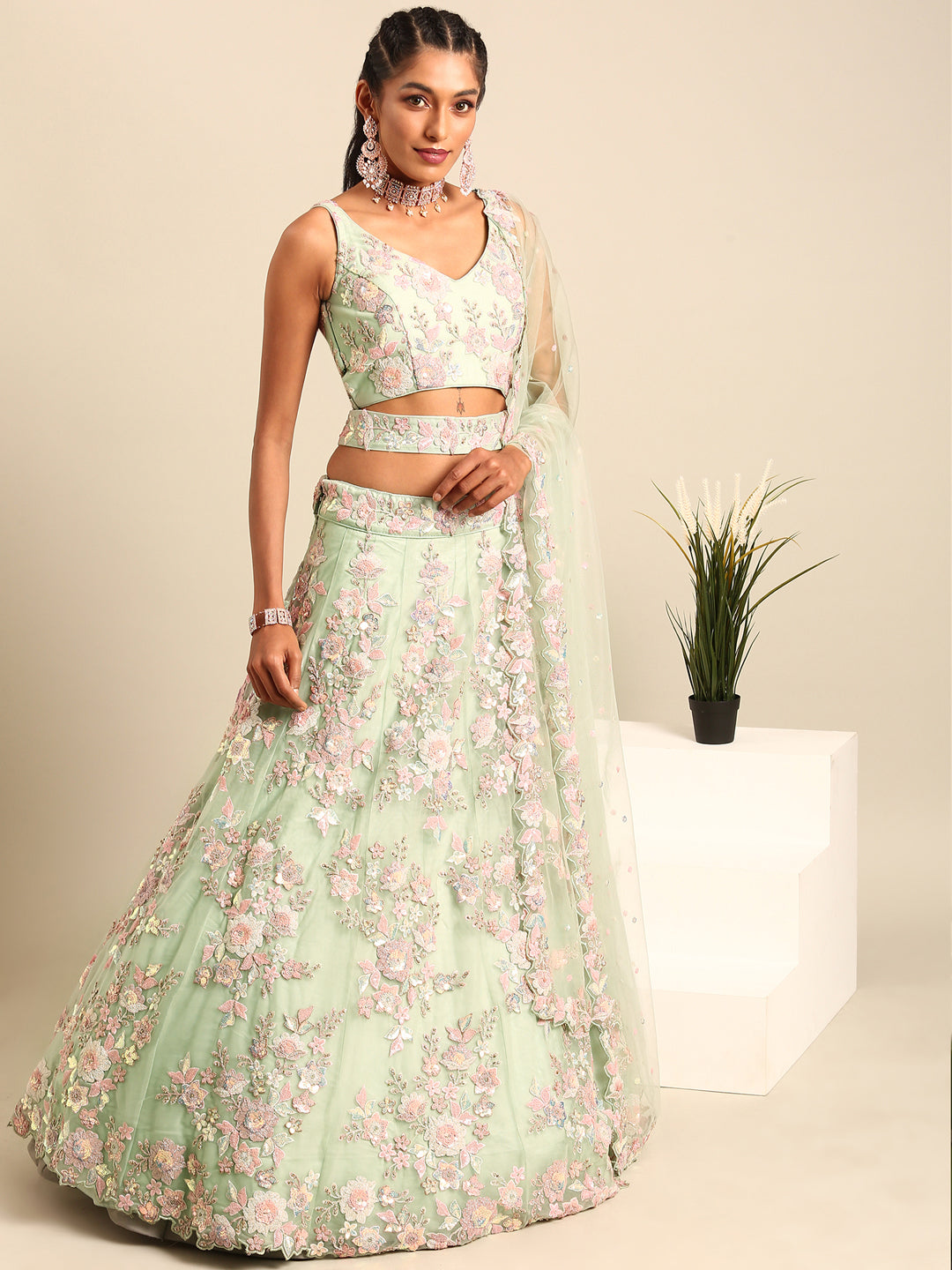 Lime Green Net Sequins with heavy Zarkan embroidery Semi-Stitched Lehenga choli & Dupatta Clothsvilla