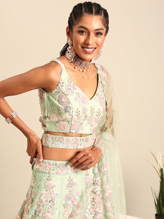 Lime Green Net Sequins with heavy Zarkan embroidery Semi-Stitched Lehenga choli & Dupatta Clothsvilla