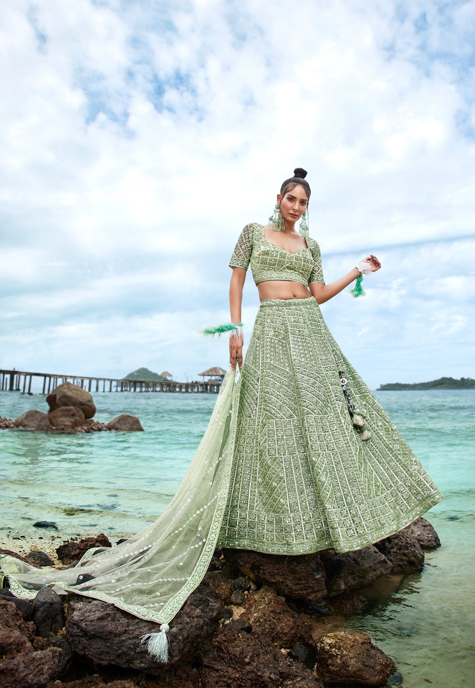 Lime Green Net Sequins, Zarkan and thread embroidery Semi-Stitched Lehenga choli & Dupatta ClothsVilla