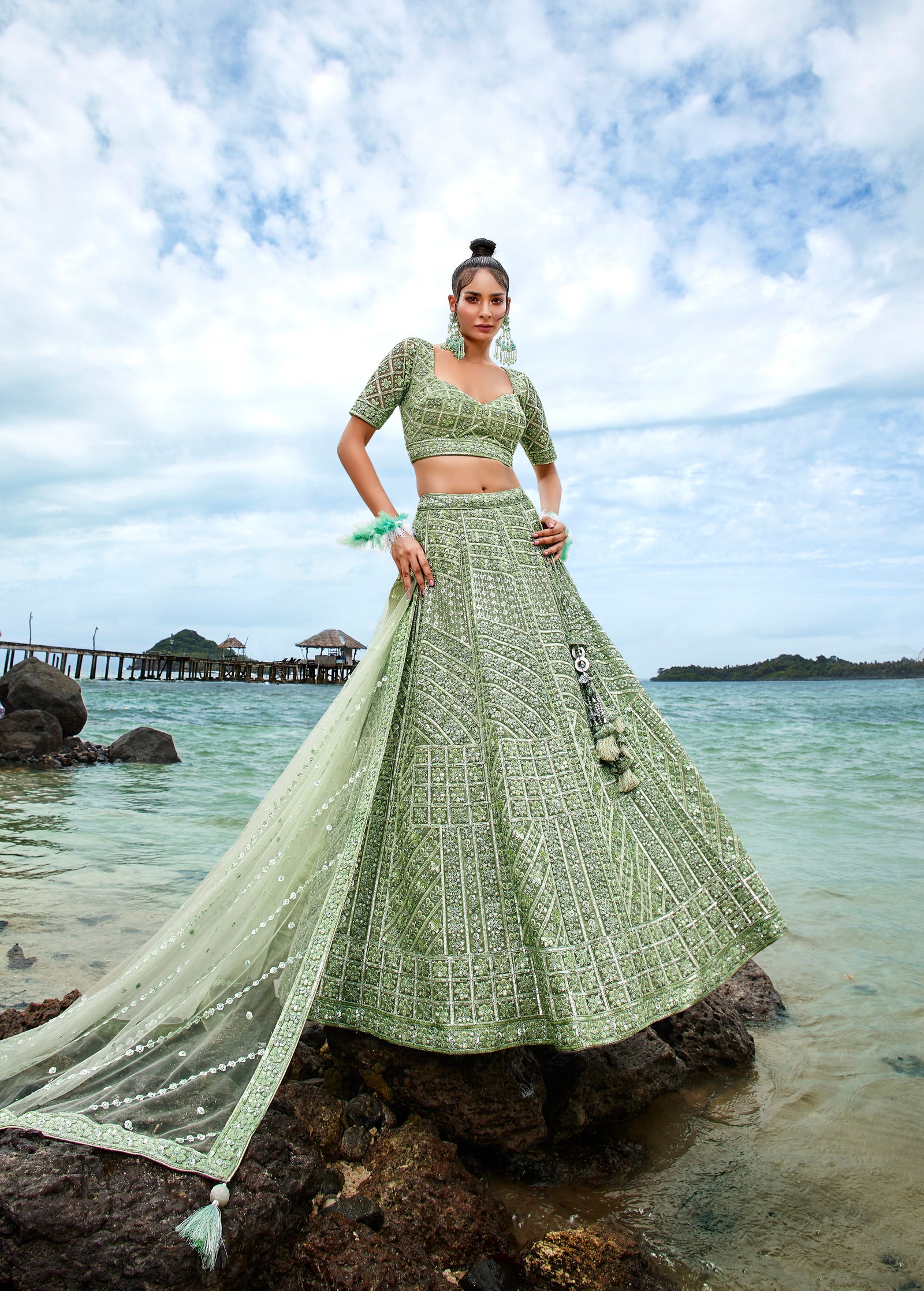 Lime Green Net Sequins, Zarkan and thread embroidery Semi-Stitched Lehenga choli & Dupatta ClothsVilla