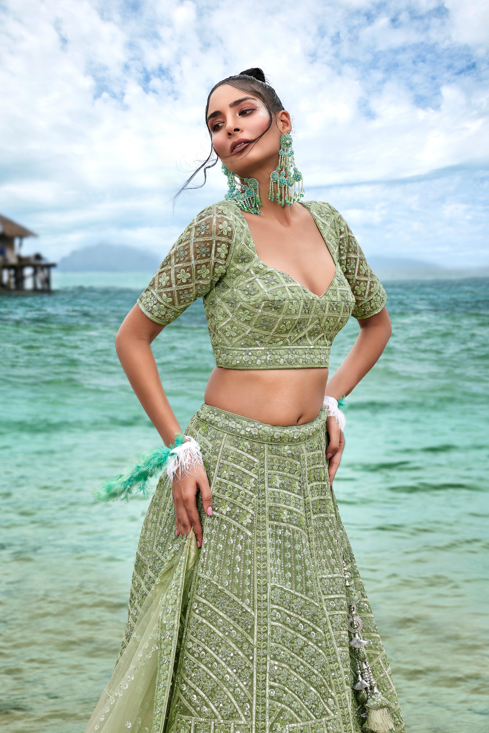Lime Green Net Sequins, Zarkan and thread embroidery Semi-Stitched Lehenga choli & Dupatta ClothsVilla