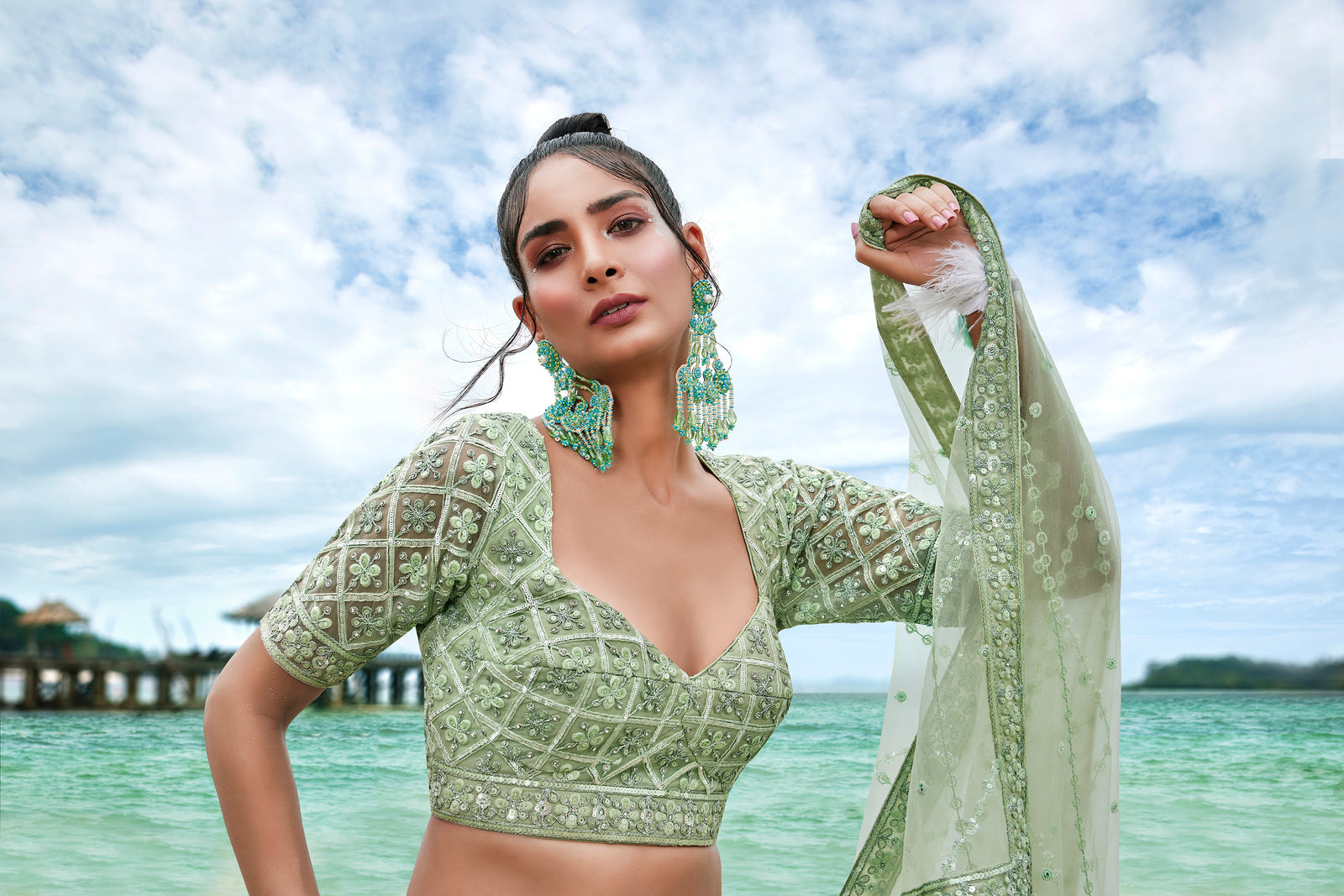 Lime Green Net Sequins, Zarkan and thread embroidery Semi-Stitched Lehenga choli & Dupatta ClothsVilla