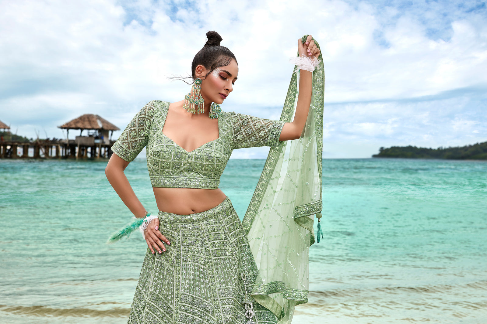 Lime Green Net Sequins, Zarkan and thread embroidery Semi-Stitched Lehenga choli & Dupatta ClothsVilla