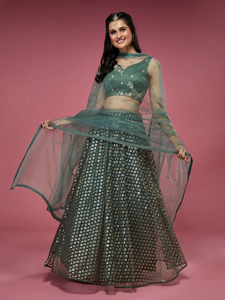 Lime Green Net Sequinse Embroidered Semi-Stitched Lehenga & Blouse with Dupatta Clothsvilla
