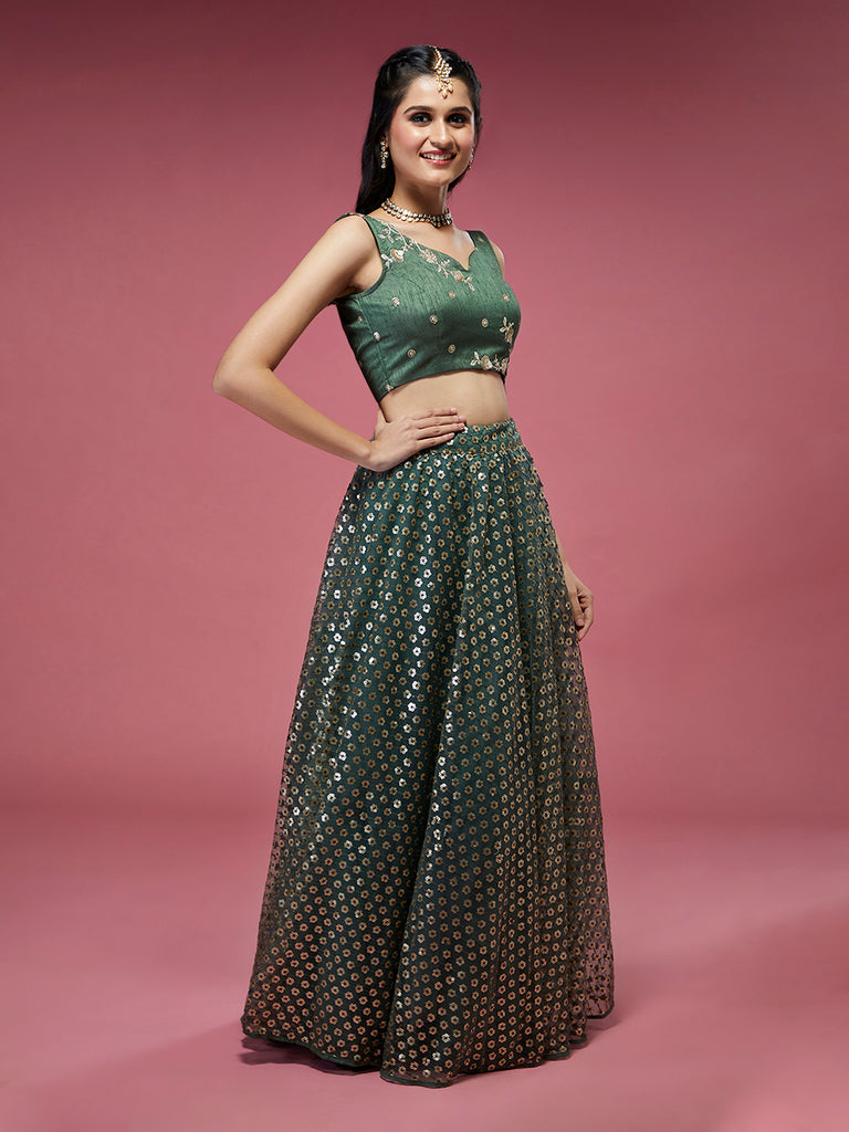 Lime Green Net Sequinse Embroidered Semi-Stitched Lehenga & Blouse with Dupatta Clothsvilla