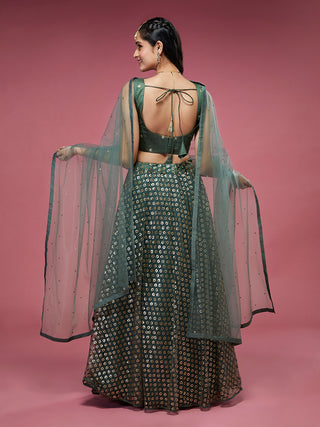 Lime Green Net Sequinse Embroidered Semi-Stitched Lehenga & Blouse with Dupatta Clothsvilla