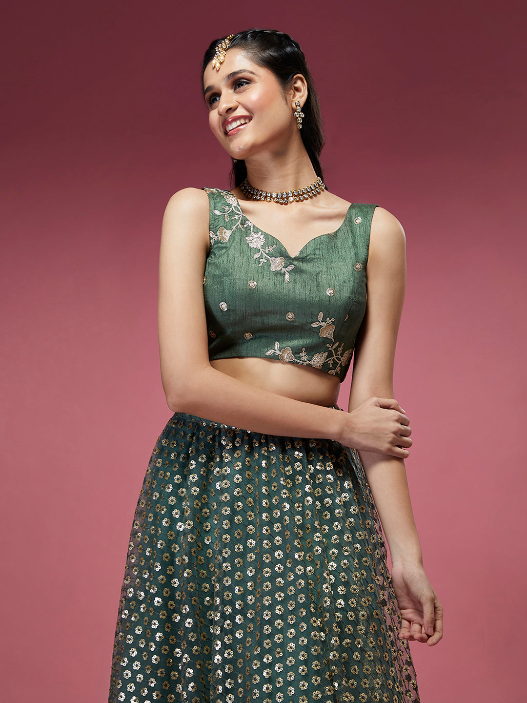 Lime Green Net Sequinse Embroidered Semi-Stitched Lehenga & Blouse with Dupatta Clothsvilla