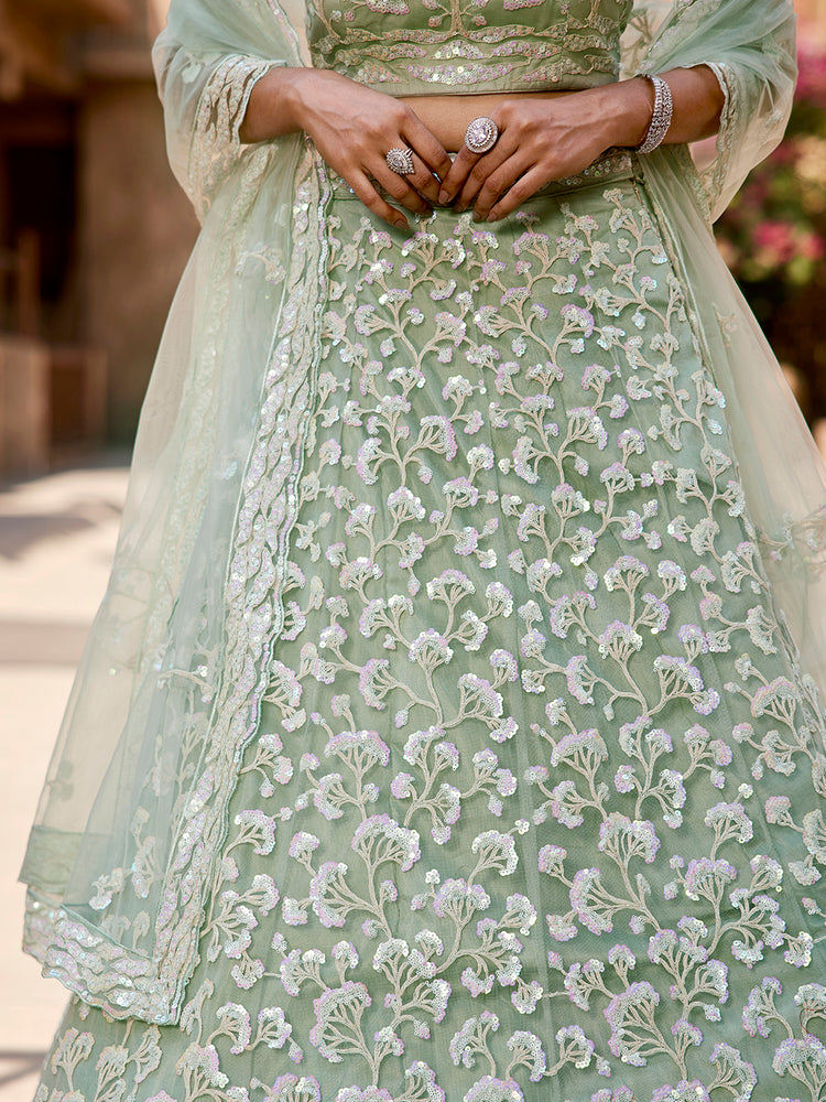 Lime Green Net Sequinse embroidery Semi-Stitched Lehenga choli & Dupatta ClothsVilla