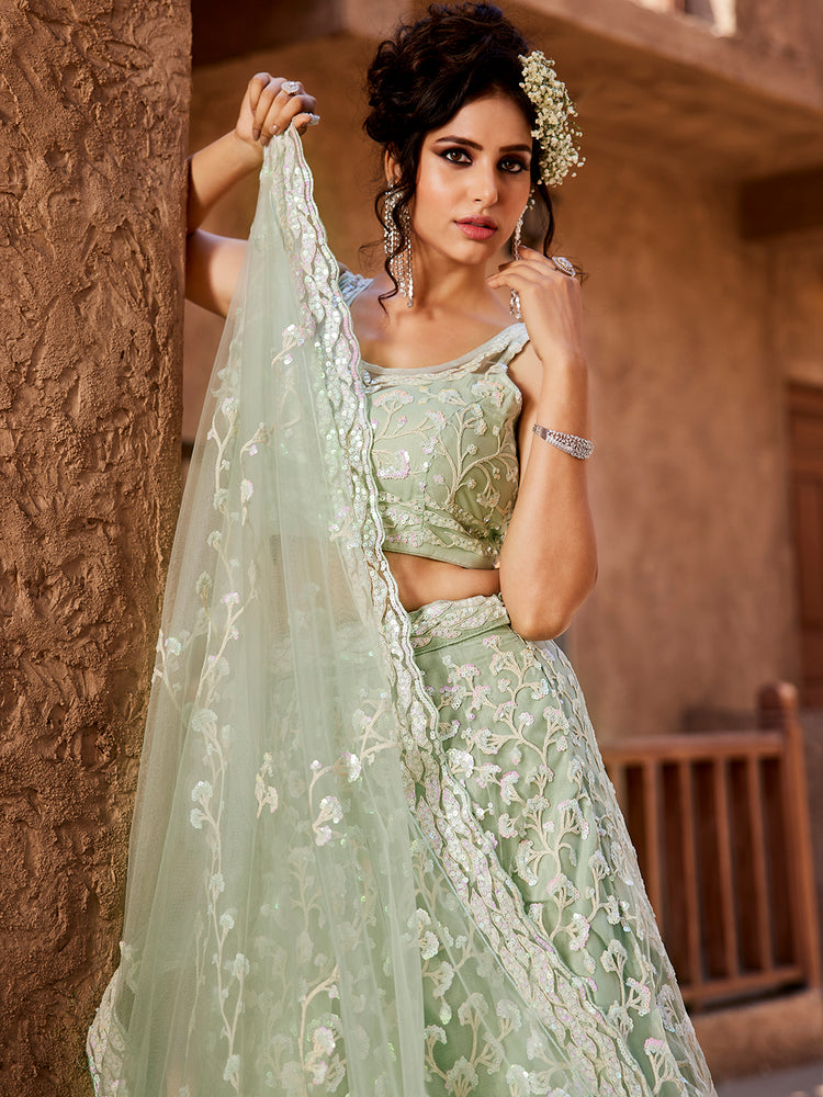 Lime Green Net Sequinse embroidery Semi-Stitched Lehenga choli & Dupatta ClothsVilla