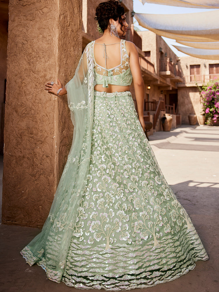 Lime Green Net Sequinse embroidery Semi-Stitched Lehenga choli & Dupatta ClothsVilla