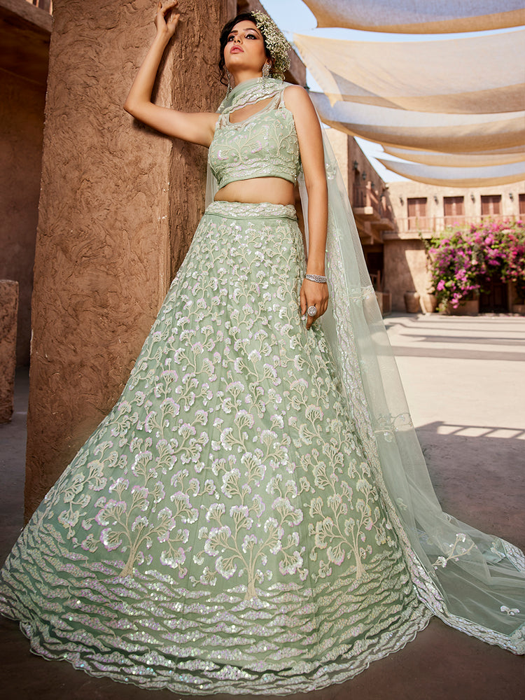 Lime Green Net Sequinse embroidery Semi-Stitched Lehenga choli & Dupatta ClothsVilla