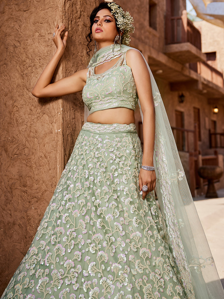 Lime Green Net Sequinse embroidery Semi-Stitched Lehenga choli & Dupatta ClothsVilla Main image