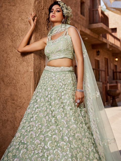 Lime Green Net Sequinse embroidery Semi-Stitched Lehenga choli & Dupatta ClothsVilla Main image