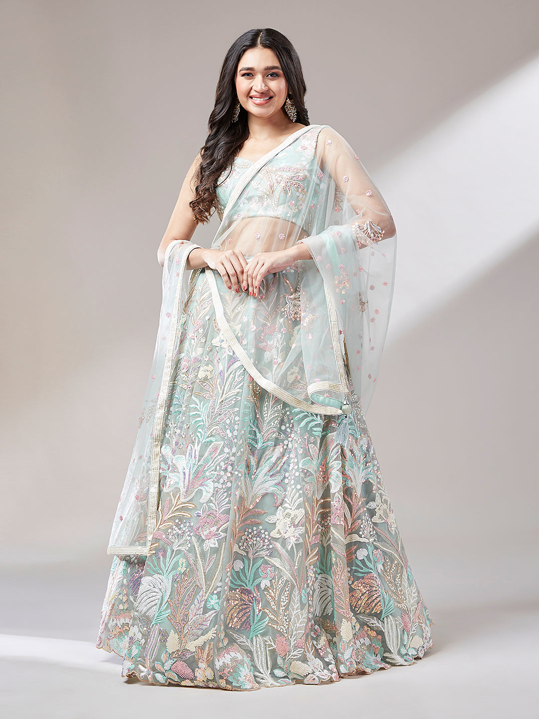 Lime Green Net Sequinse Work Semi-Stitched Lehenga & Unstitched Blouse with Dupatta ClothsVilla Main image