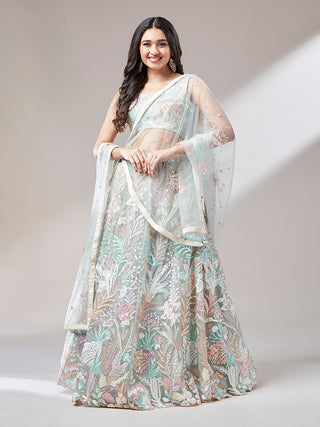 Lime Green Net Sequinse Work Semi-Stitched Lehenga & Unstitched Blouse with Dupatta ClothsVilla