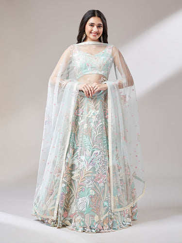 Lime Green Net Sequinse Work Semi-Stitched Lehenga & Unstitched Blouse with Dupatta ClothsVilla