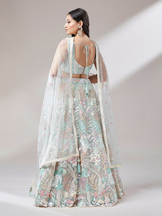 Lime Green Net Sequinse Work Semi-Stitched Lehenga & Unstitched Blouse with Dupatta ClothsVilla