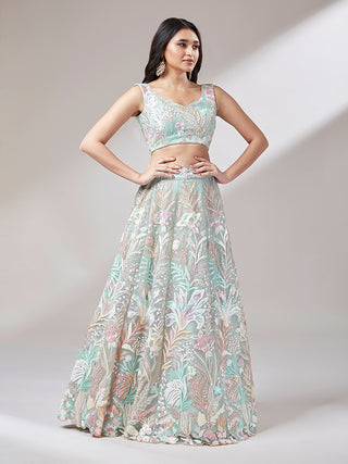 Lime Green Net Sequinse Work Semi-Stitched Lehenga & Unstitched Blouse with Dupatta ClothsVilla